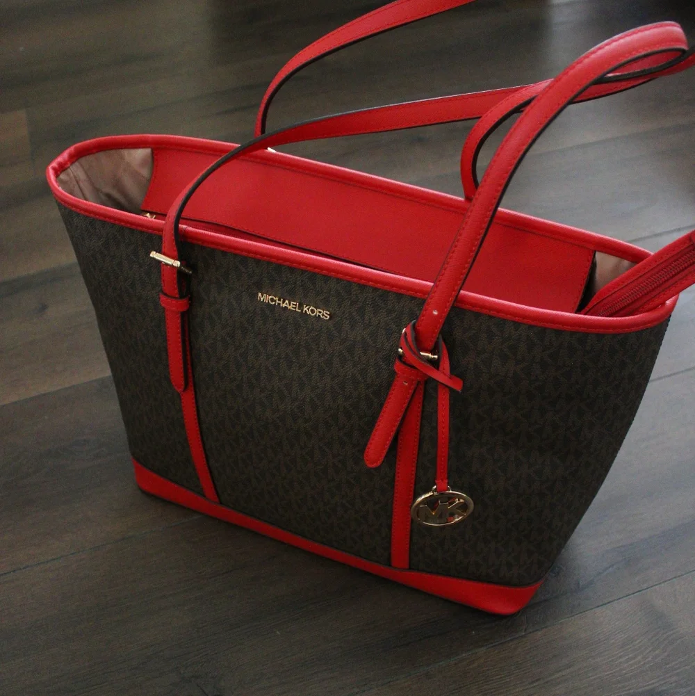 Michael Kors Red Trim Signature Tote Bag - Picture 1 of 11